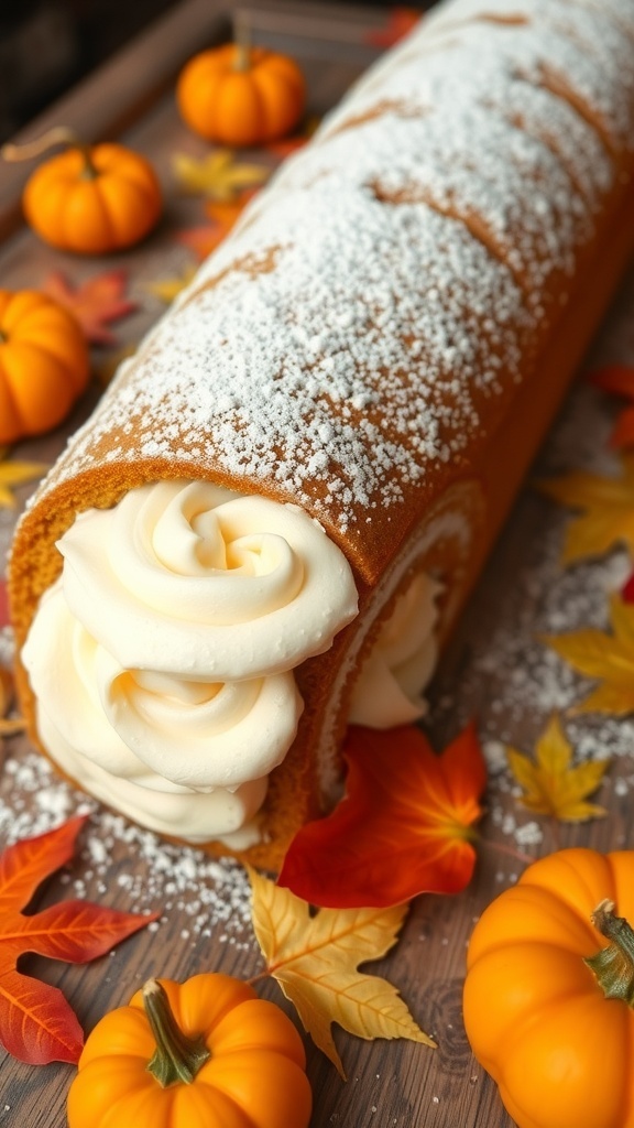 A classic pumpkin roll dessert with cream cheese filling, dusted with powdered sugar, on a wooden table with autumn decorations.
